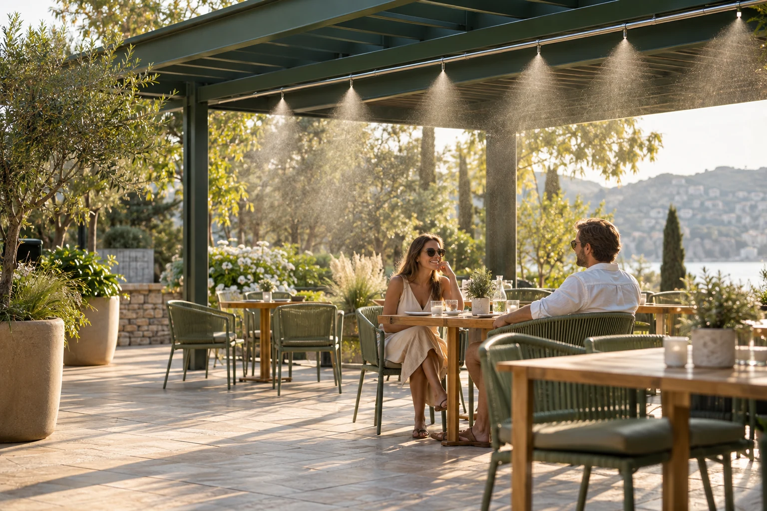 Terraza ilustrativa con refrigeración por nebulización