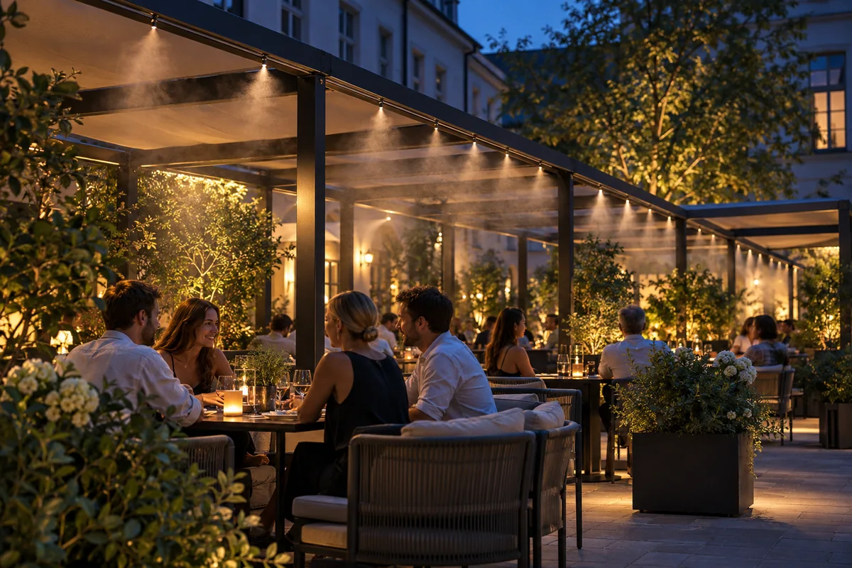 Modular misting system above an outdoor seating area