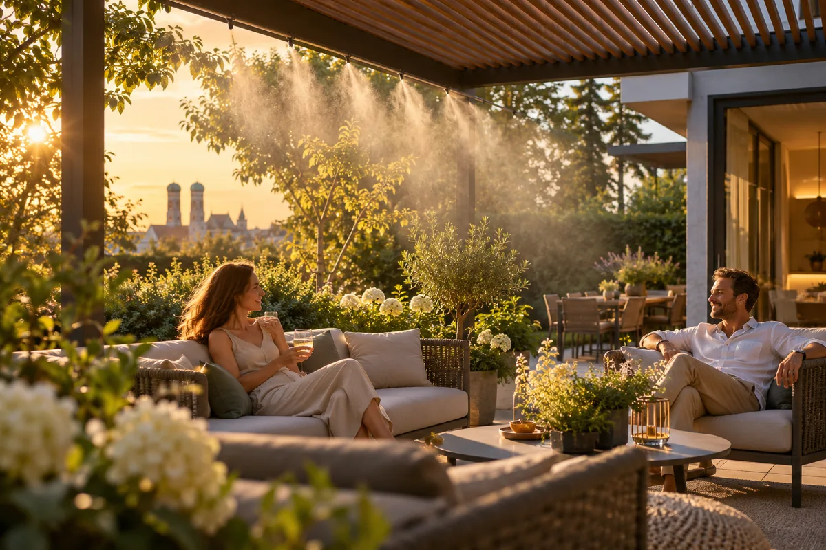 Mist nozzles above a private garden seating area
