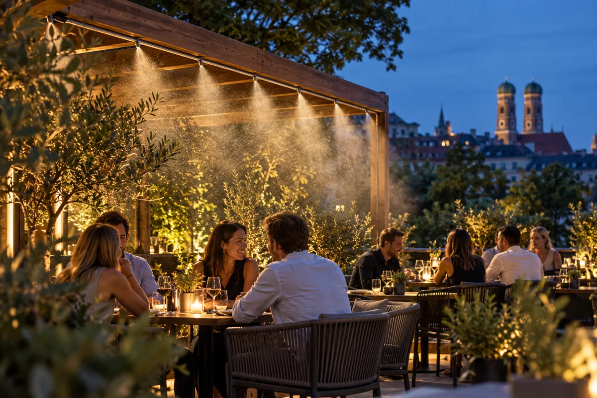 Fine water mist beneath a restaurant terrace pergola