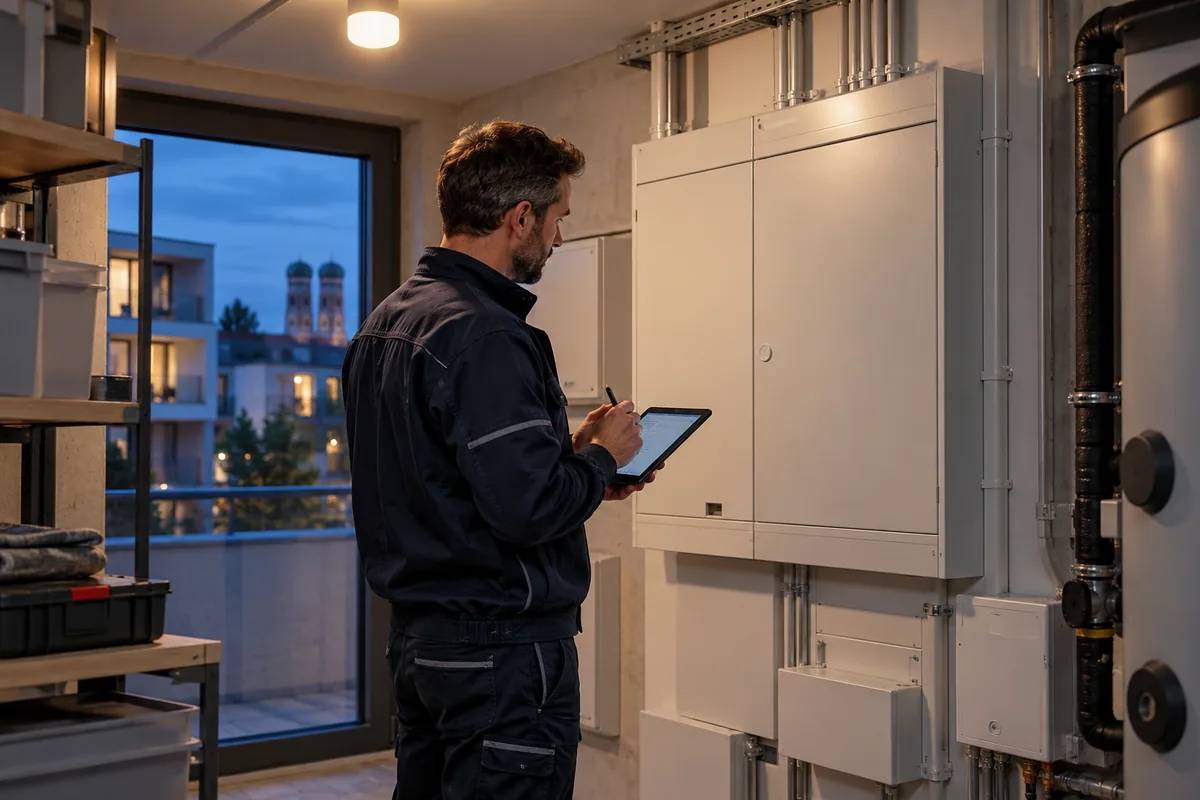 Fachmann dokumentiert den Zustand eines geschlossenen Elektroschranks