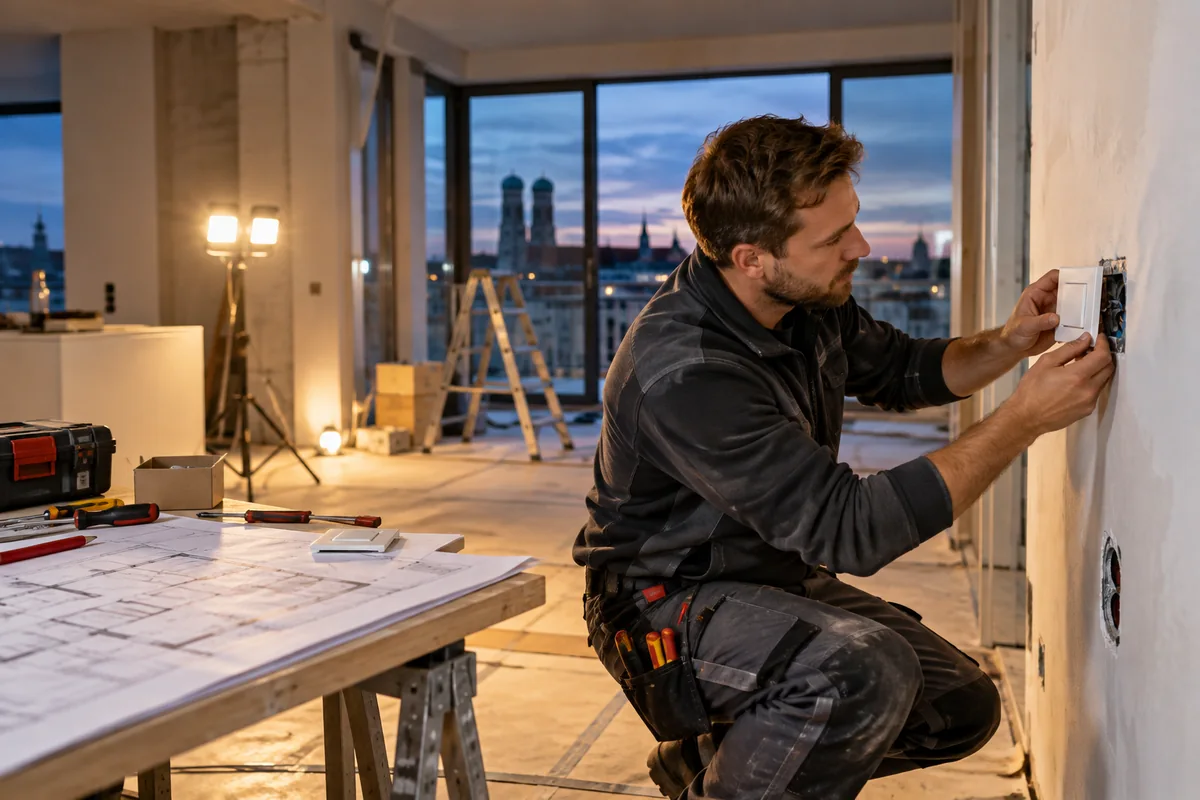 Elektriker montiert einen Schalter in einer Wohnung im Bau